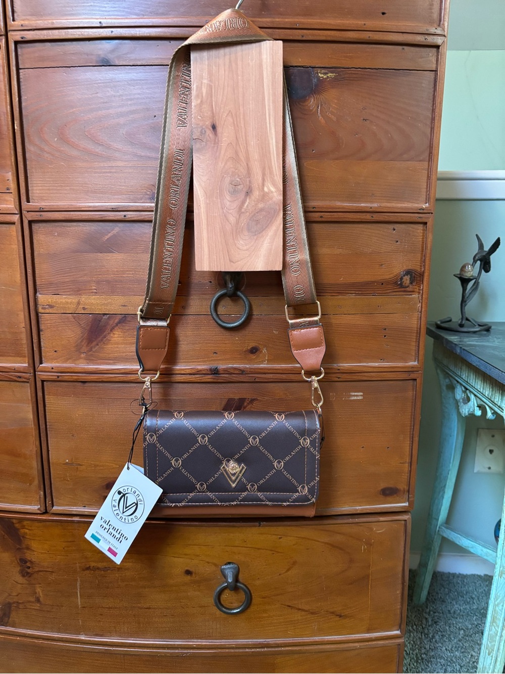 Valentino Orlandi Brown Crossbody Bag with Gold Hardware and Branded Strap